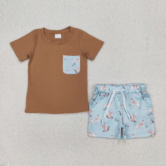 BSSO1420  Baby Boys Khaki Short Sleeves Pocket Top Ducks Dogs Short Clothes Set  D 3.31
