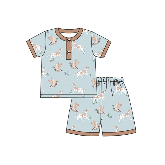 preorder BSSO1421  Baby Boys Blue Short Sleeves Ducks Dogs Button Top Short Pajamas Set  D 3.12