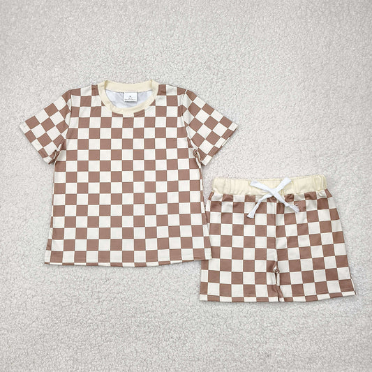 BSSO1422 Baby Boys Khaki Plaid Short Sleeves Top Short Pajamas Set D 4.14