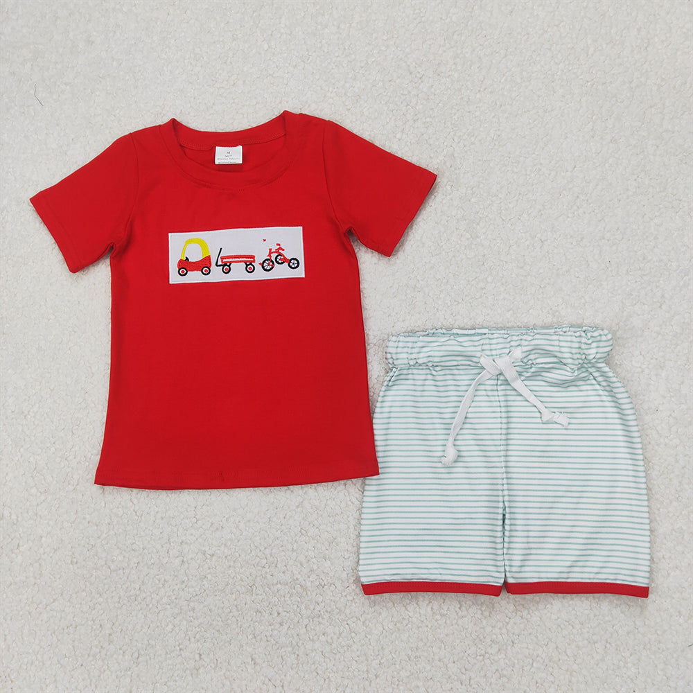 BSSO1432 Baby Boys Red Short Sleeves Trucks Top Blue Stripe Short Set  D 814 18