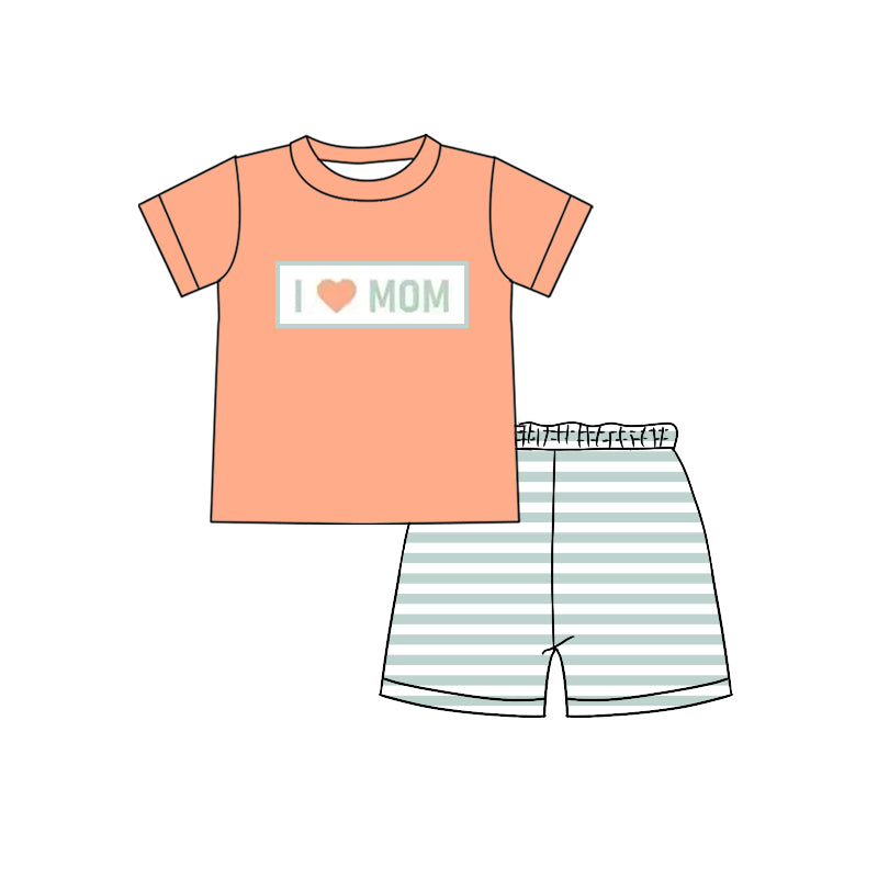 BSSO1435  Baby Boys Orange Short Sleeves I LOVE MOM Top Aqua Stripe Short Set D 4.1