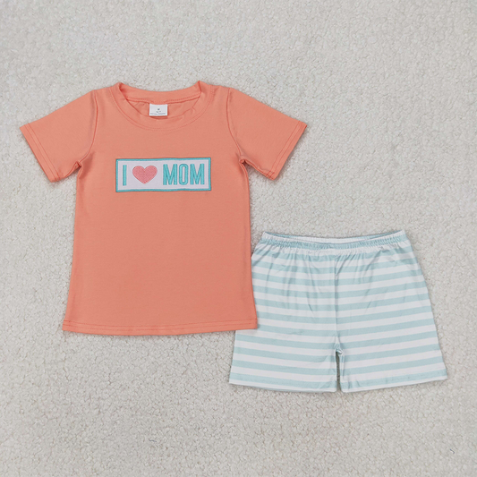 BSSO1435 Baby Boys Orange Short Sleeves I LOVE MOM Top Aqua Stripe Short Set D 4.1