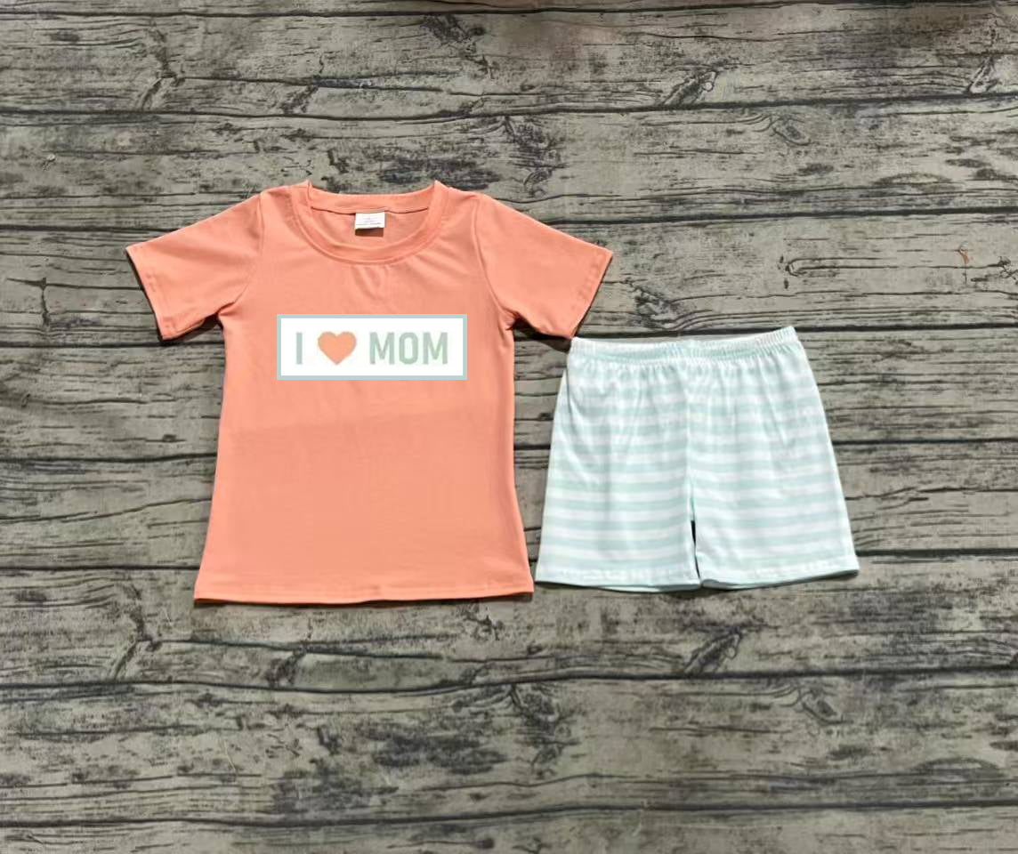 BSSO1435  Baby Boys Orange Short Sleeves I LOVE MOM Top Aqua Stripe Short Set D 4.1