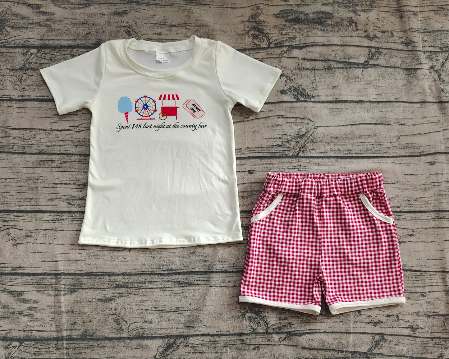 BSSO1468  Baby Boys Ice Cream Store Top Red Plaid Pockets Short Set  D 4.16
