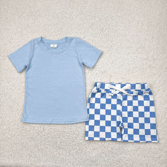 BSSO1469  Baby Boys Blue Short Sleeves Top Plaid Short Set  D 4.19