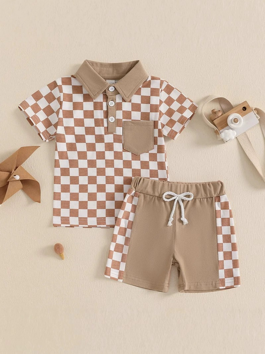 presale BSSO1471  Baby Boys Khaki Plaid Button Pocket Top Short Set  D 3.28