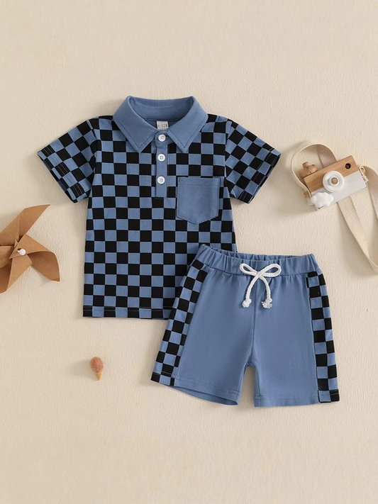 presale BSSO1472 Baby Boys Blue Plaid Button Pocket Top Short Set D 3.28