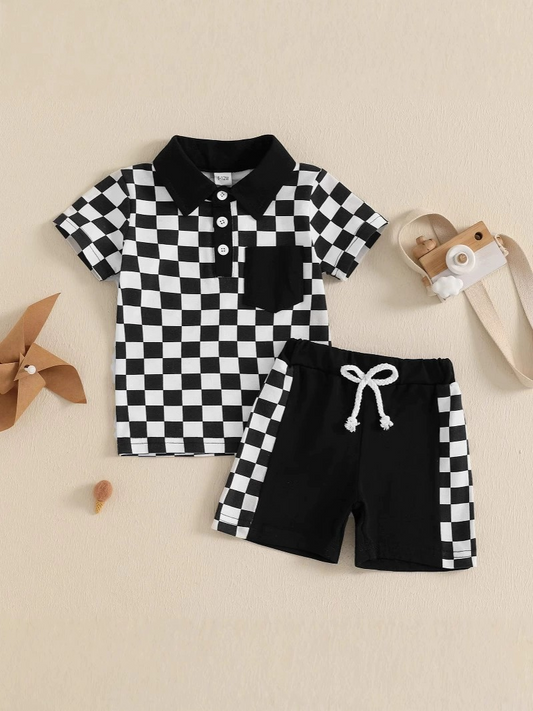 presale BSSO1473 Baby Boys Black Plaid Button Pocket Top Short Set D 3.28