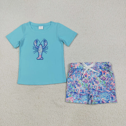 BSSO1479 Crayfish Blue Top Seaweed Shorts Boys Summer Clothes Set D 7.4