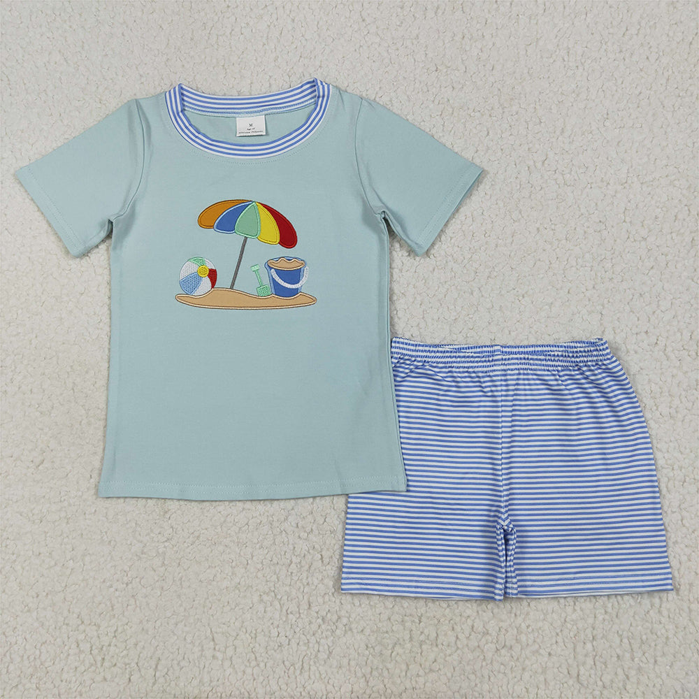 BSSO1485  Baby Boys Short Sleeves Beach Top Blue Stripe Short Set  D 6.18
