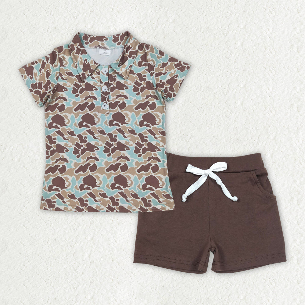 BSSO1486 Baby Boys Brown and green camouflage collar button short sleeve shorts suit D 4.3