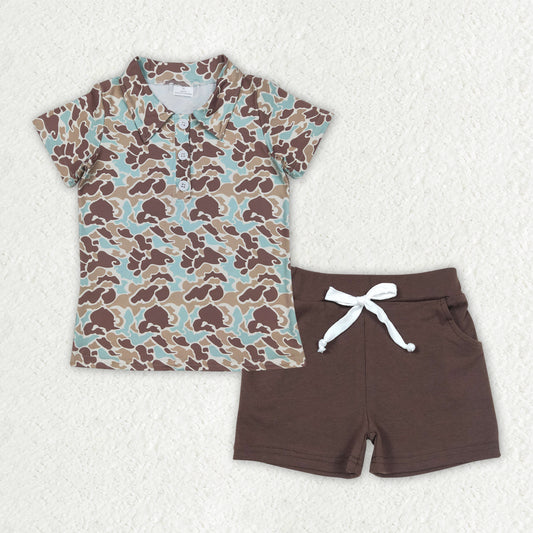 BSSO1486 Baby Boys Brown and green camouflage collar button short sleeve shorts suit D 4.3