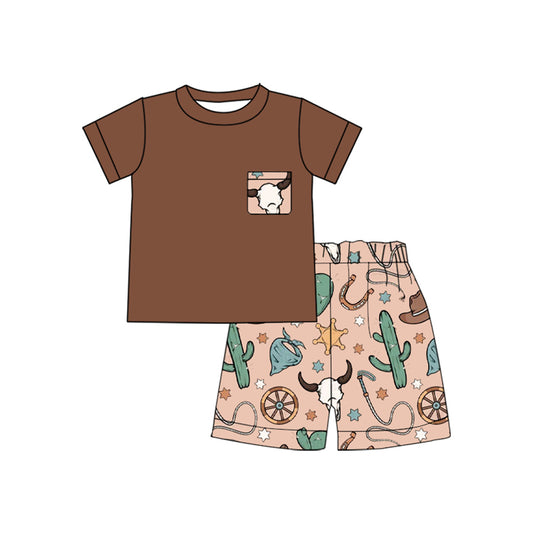 presale BSSO1487  Brown Pocket Top Hat Cactus Western Shorts Boys Summer Clothes Set D 4.3