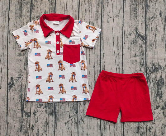 presale BSSO1488  Dog Flag Polo Top Red Shorts Boys 4th of July Clothes Set D 6.17