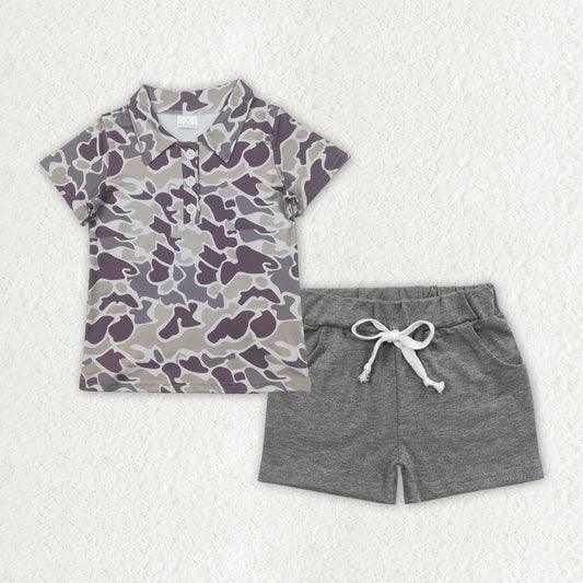 BSSO1490 Baby Boys Camo collar short sleeve light grey pocket shorts suit D 816