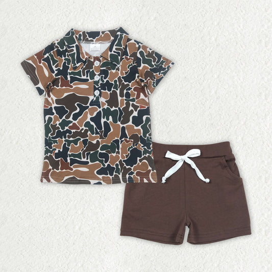 BSSO1493 Brown Green Camo Collar Beige Short Sleeve Brown Pocket Shorts Suit D 816