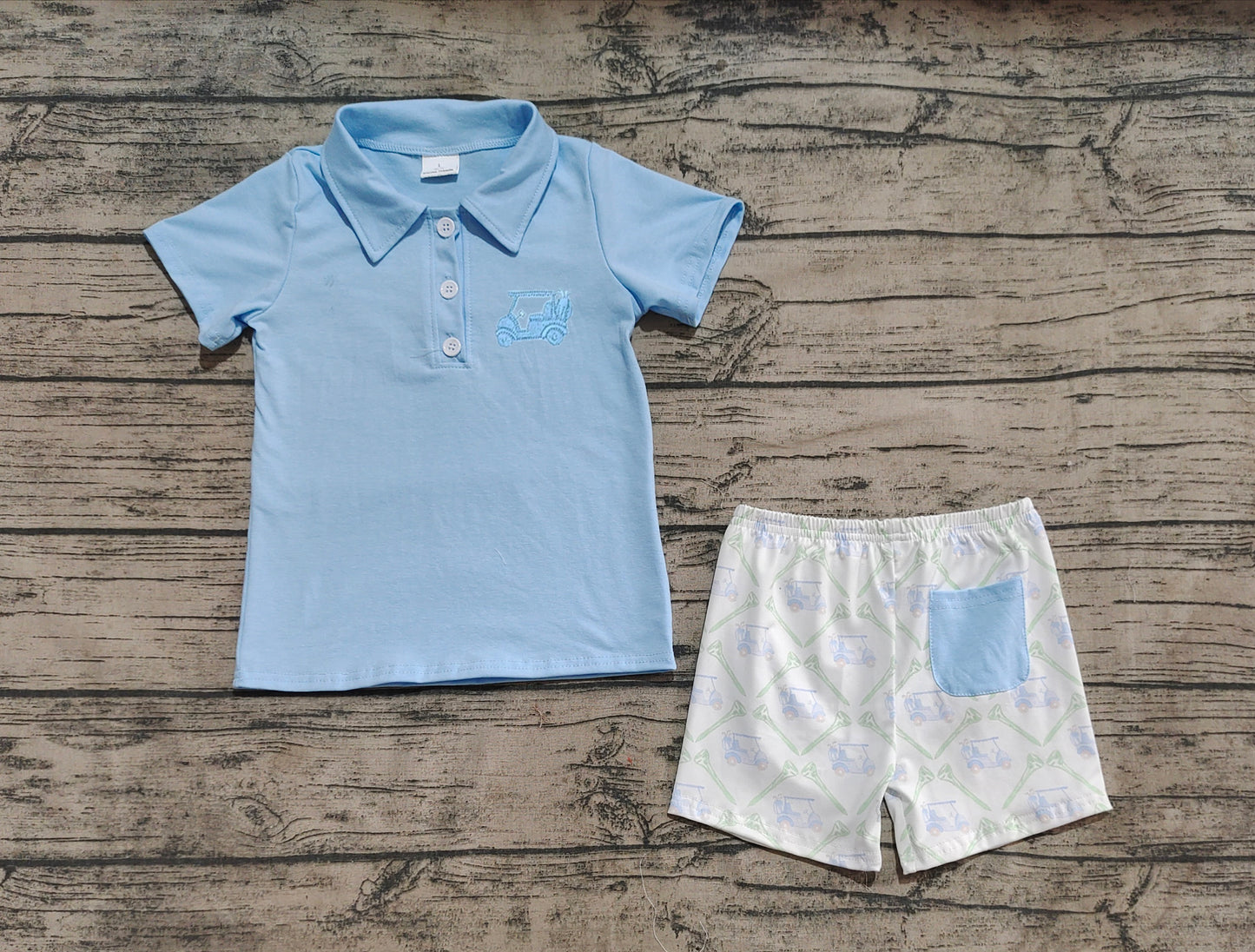 BSSO1494 Baby Boys Blue Short Sleeves Button Golf Top Pocket Short Set  D 4.16
