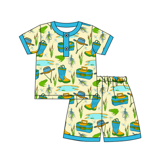 presale BSSO1495 Baby Boys Blue Short Sleeves Button Fishing Top Short Pajamas Set D 4.7