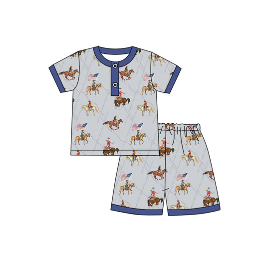 presale BSSO1497 Baby Boys Hot Blue Button Horse Rodeos Flags Top Short 4th Of July Pajamas Set D 4.7