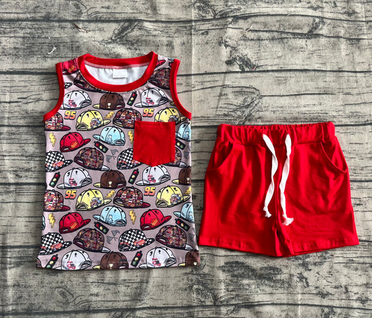 presale BSSO1499 Baby Boys Red Sleeveless Cartoon Hats Pocket Top Pockets Short Set D 4.7