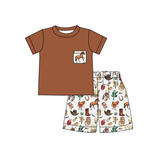 presale BSSO1501 Baby Boys Brown Short Sleeves Pocket Top Cactus Horse Short Set  D 4.9