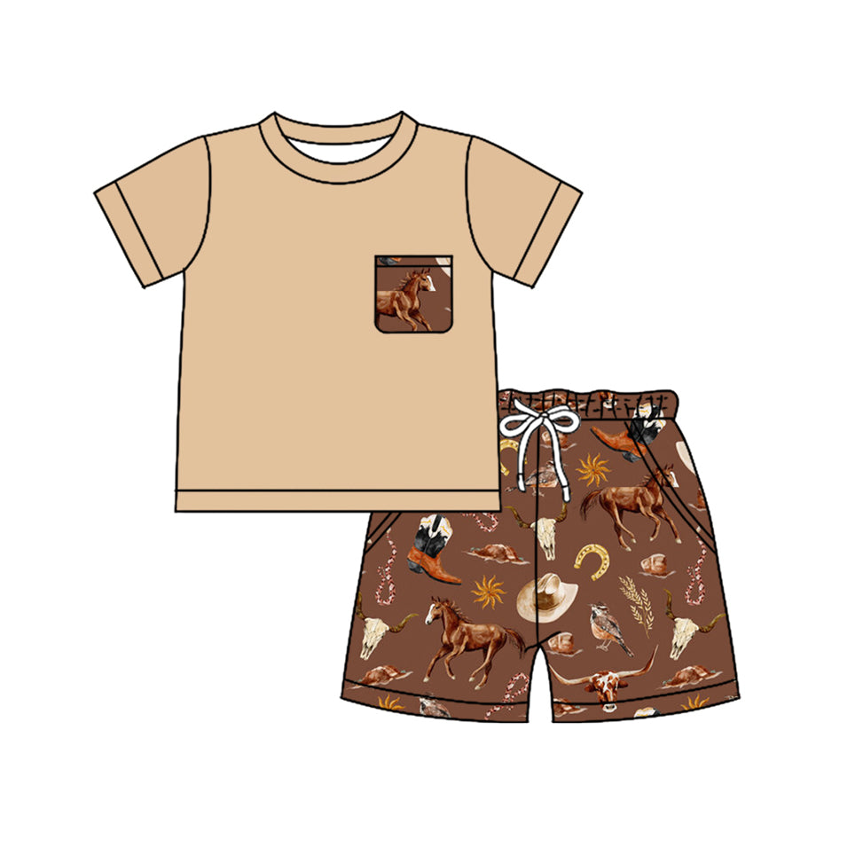 presale BSSO1502 Baby Boys Khaki Short Sleeves Pocket Top Boots Horse Short Set  D 4.9