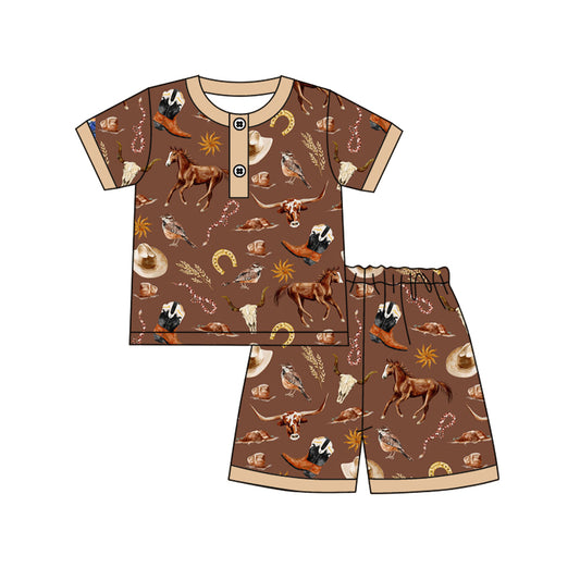 presale BSSO1503 Baby Boys Brown Short Sleeves Button Hats Horse Top Short Pajamas Set D 4.9