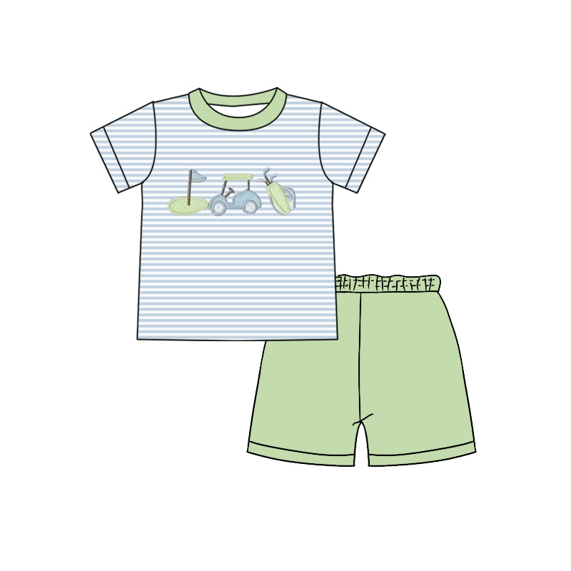 BSSO1504 Baby Boys Blue Stripe Short Sleeves Golf Top Green Short Set D 7.12
