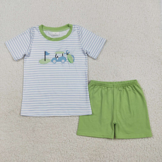 BSSO1504 Baby Boys Blue Stripe Short Sleeves Golf Top Green Short Set D 7.12