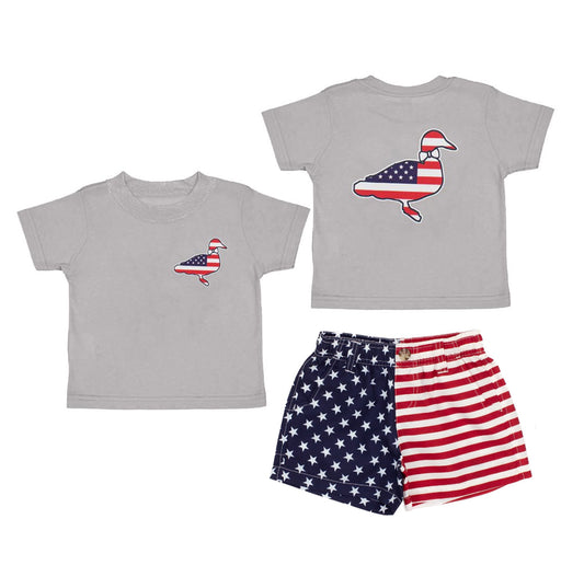 presale BSSO1505 Baby Boys Gray Short Sleeves Flag Duck Top Pockets Short 4th Of July Set D 4.11