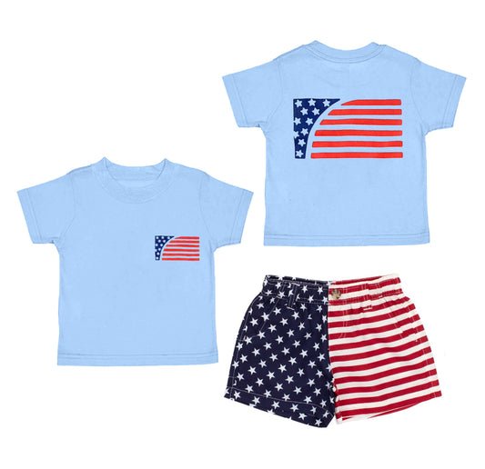 presale BSSO1506 Baby Boys Blue Short Sleeves Flag Top Pockets Short 4th Of July Set D 4.11