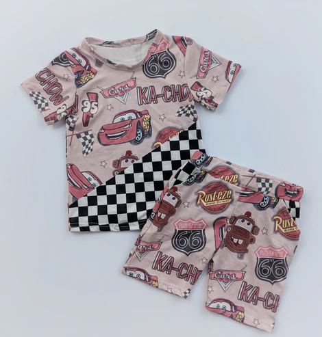presale BSSO1507 Baby Boys Khaki Short Sleeves Cartoon Cars Top Pockets Short Set D 4.12