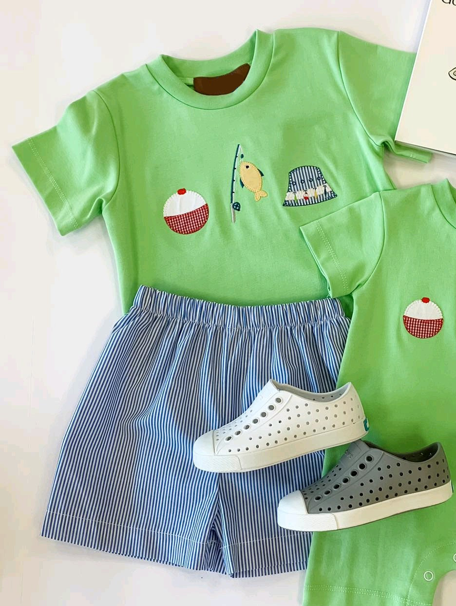 presale BSSO1508 Baby Boys Green Short Sleeves Fishing Top Blue Stripe Short Set D 4.12