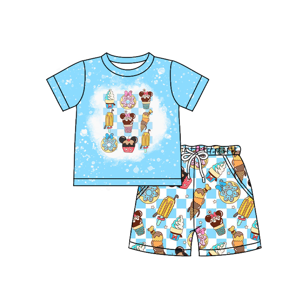 presale BSSO1509  Baby Boys Blue Short Sleeves Cartoon Mouse Ice Cream Top Pockets Short Set  D 4.12