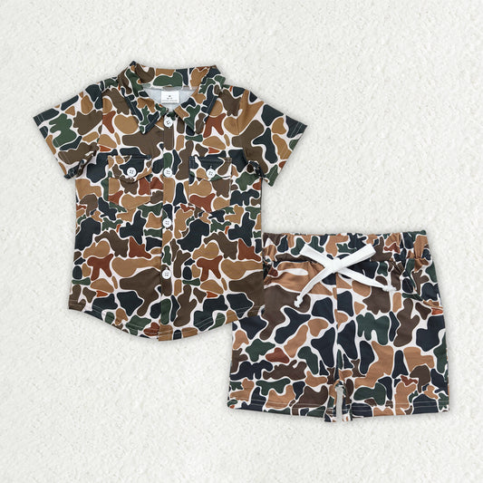 BSSO1512 Baby Boys Brown Camouflage Button Pockets Shirts Top Shorts Sets  D 4.14