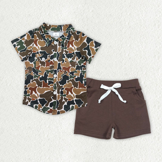BSSO1513 Baby Boys Brown Camouflage Button Pockets Shirts Top Cotton Shorts Sets D 4.14