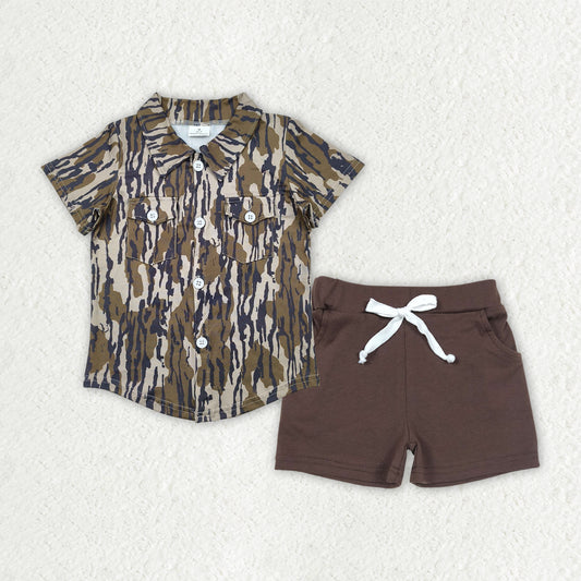 BSSO1514 Baby Boys Bottomland Camo Button Pockets Shirts Top Brown Cotton Shorts Sets D 4.14