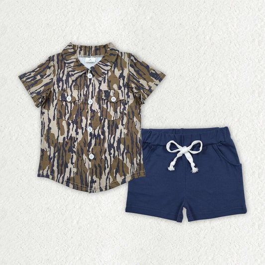 BSSO1515 Baby Boys Bottomland Camo Button Pockets Shirts Top Navy Cotton Shorts Sets D 4.14