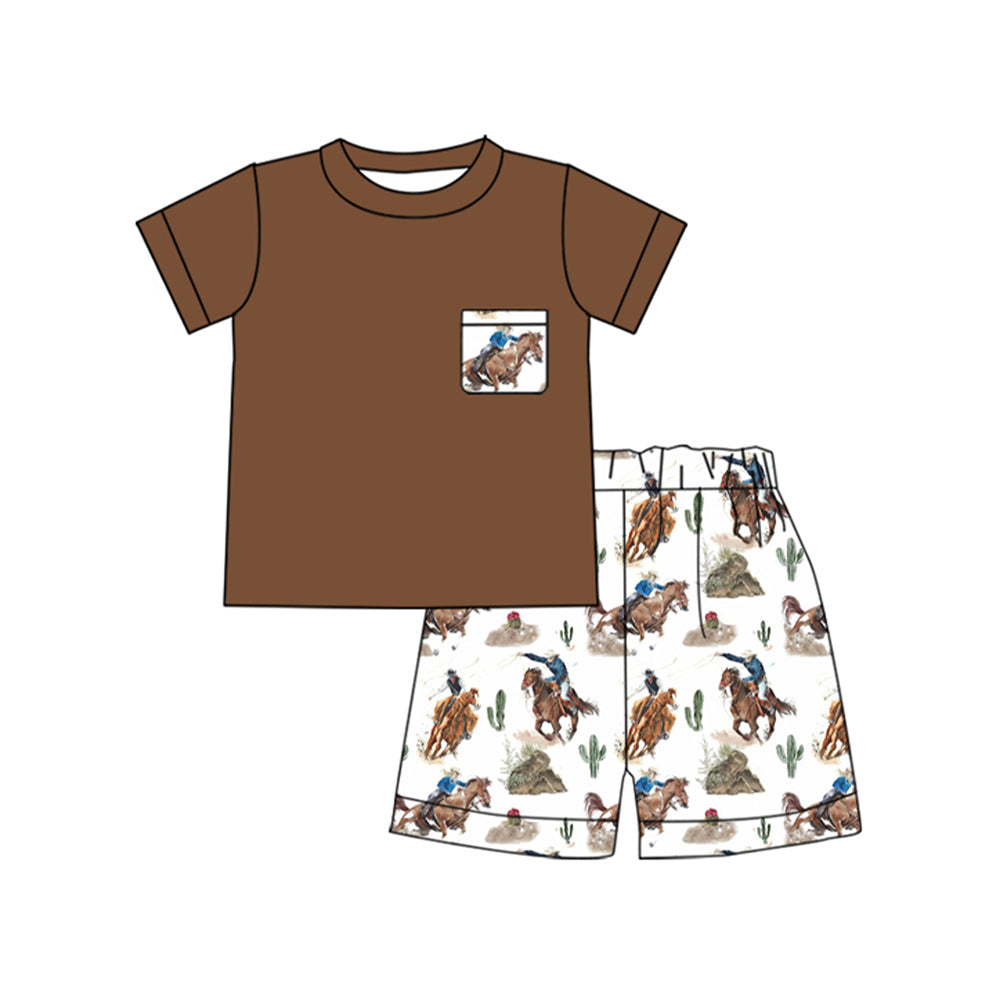 presale BSSO1520 Horseback riding cactus pocket brown short sleeve white shorts set  D 4.16
