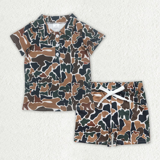 BSSO1522 Baby Boys Brown Camouflage Button Polo Shirts Top Pockets Shorts Sets D 816