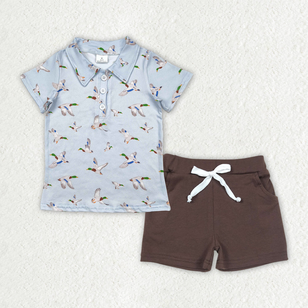 BSSO1524  Baby Boys Blue Ducks Button Polo Shirts Top Brown Pockets Shorts Sets  D 4.21