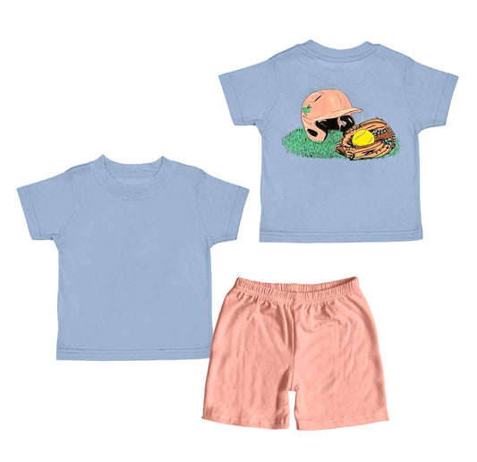 presale BSSO1526 Baby Boys Blue Short Sleeves Baseball Hats Top Peach Short Set D 4.24