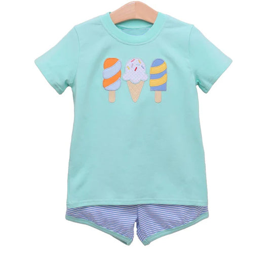 presale BSSO1527 Baby Boys Aqua Short Sleeves Popsicle Top Blue Stripe Short Set D 4.24