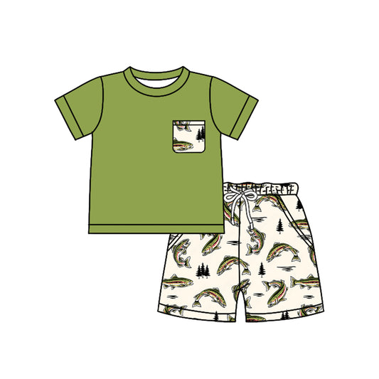 presale BSSO1529 Baby Boys Green Short Sleeves Pocket Top Fishes Short Hunting Set  D 4.24