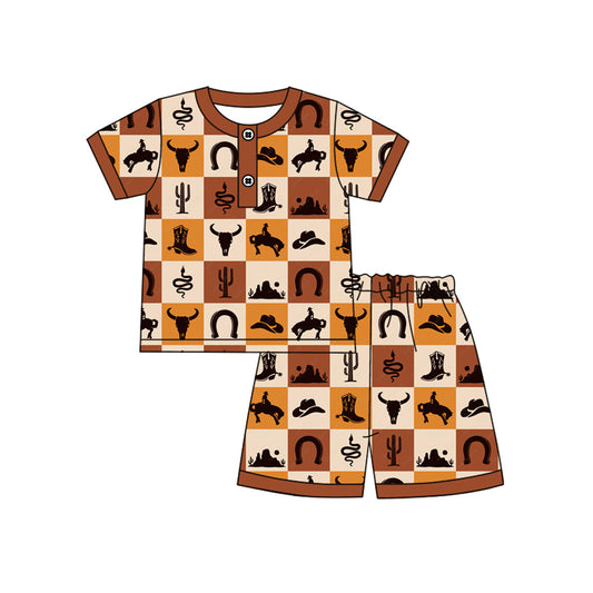 presale BSSO1530 Baby Boys Khaki Short Sleeves Bull Skull Button Top Short Pajamas Set D 4.24