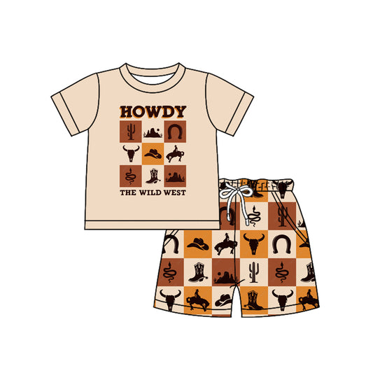 presale BSSO1531 Baby Boys Khaki Short Sleeves Top Bull Skull Pockets Short Western Set D 4.24