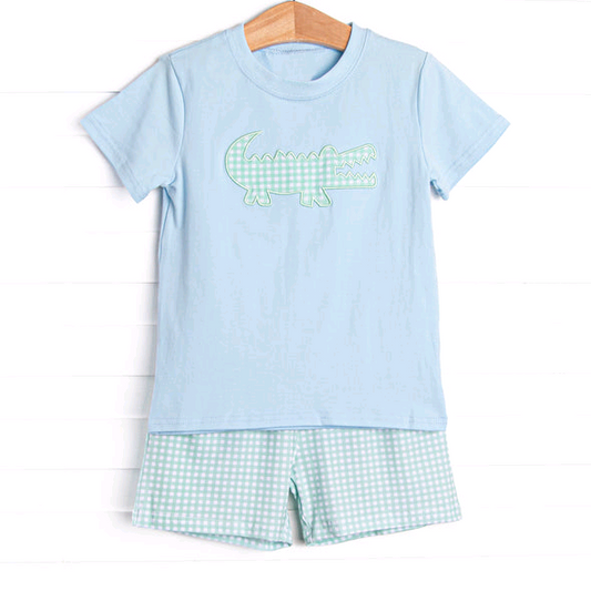 presale BSSO1534 Baby Boys Blue Short Sleeves Crocodile Top Plaid Short Set  D 5.8