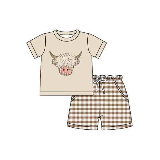 presale BSSO1536 Baby Girls Khaki Short Sleeves Highland Cows Top Pockets Plaid Short Set  D 5.23
