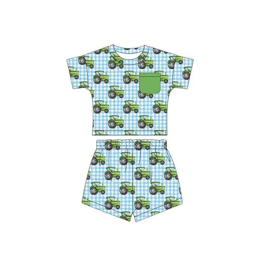 presale BSSO1539 Baby Boys Short Sleeves Blue Plaid Trucks Pocket Top Short Farm Pajamas Set D 5.29