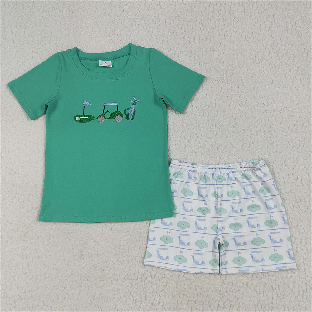 BSSO1540 Embroidery Baby Boys Green Short Sleeves Golf Truck Top Short Set  D 6.11